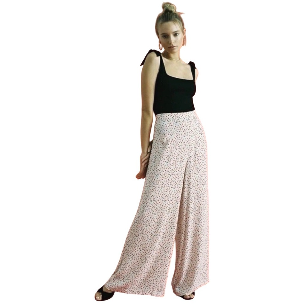 Free People Easy Peasy Cherry Print Wide Leg Pants Size 10 High Waisted Boho EUC
